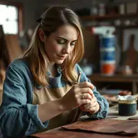 Sarah A. working with leather dyeing and conditioning tools