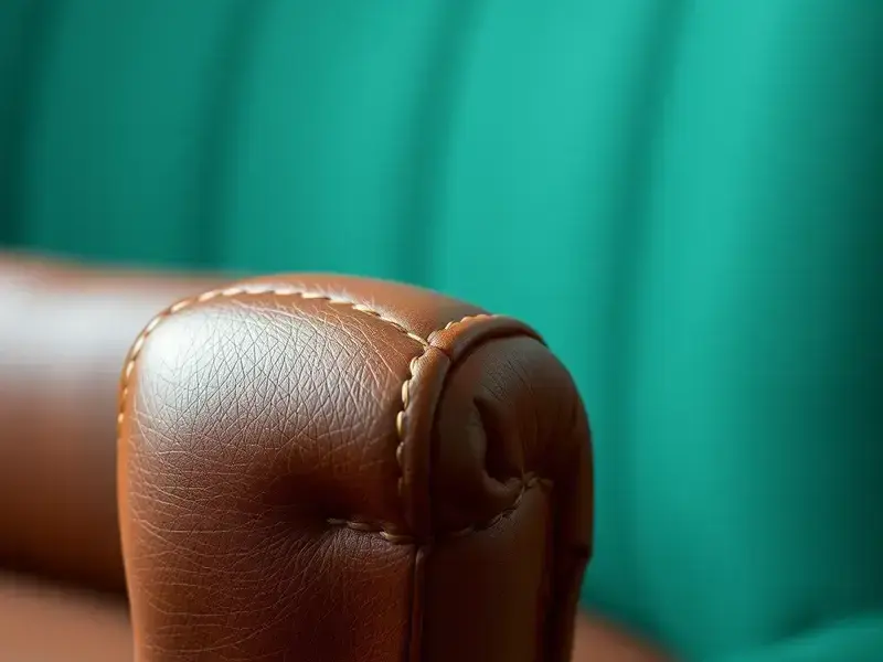 Close-up of hand-stitched leather upholstery showing perfect craft detail