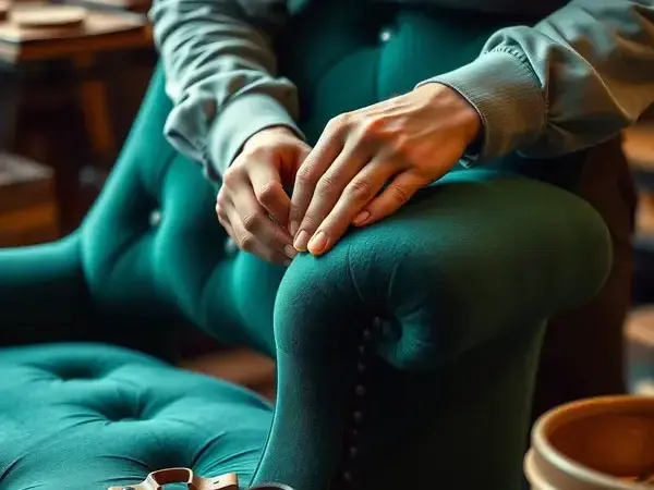 Master craftsman working on furniture upholstery with rich emerald velvet fabric