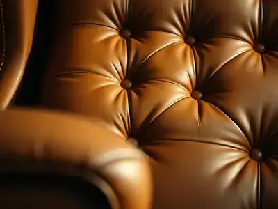 Close-up detail shot of a mid-century modern armchair with tufted leather upholstery, warm amber lighting highlighting the texture
