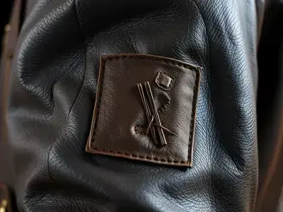 Close-up texture shot of a leather jacket showing professional patch repair on the sleeve, fabric texture clearly visible