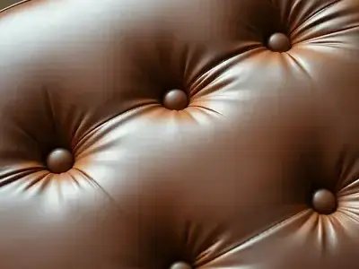 Top-down view of a tufted leather ottoman with button details, showing the intricate craftsmanship and uniform color restoration