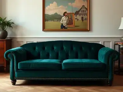 Medium shot, centered composition, fully visible head and face, not cropped, A classic 1970s velvet sofa completely restored with deep emerald green fabric, shown from the left angle