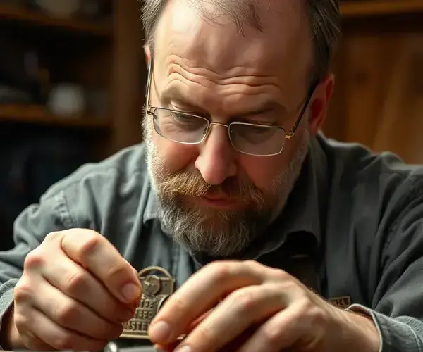 Medium shot, centered composition, fully visible head and face, not cropped, Our master craftsman Mike working on a restoration project with precision tools