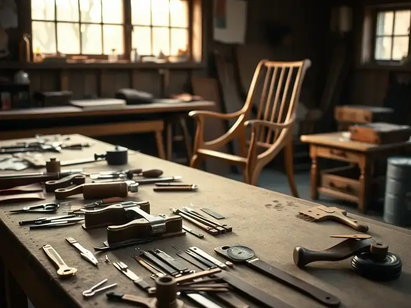 Workshop bench with leather tools and partially restored furniture showing the craft process