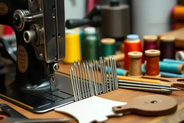 Close-up of vintage sewing machine needles, leather cutting tools, and colorful thread spools arranged neatly on a craftsman's workbench